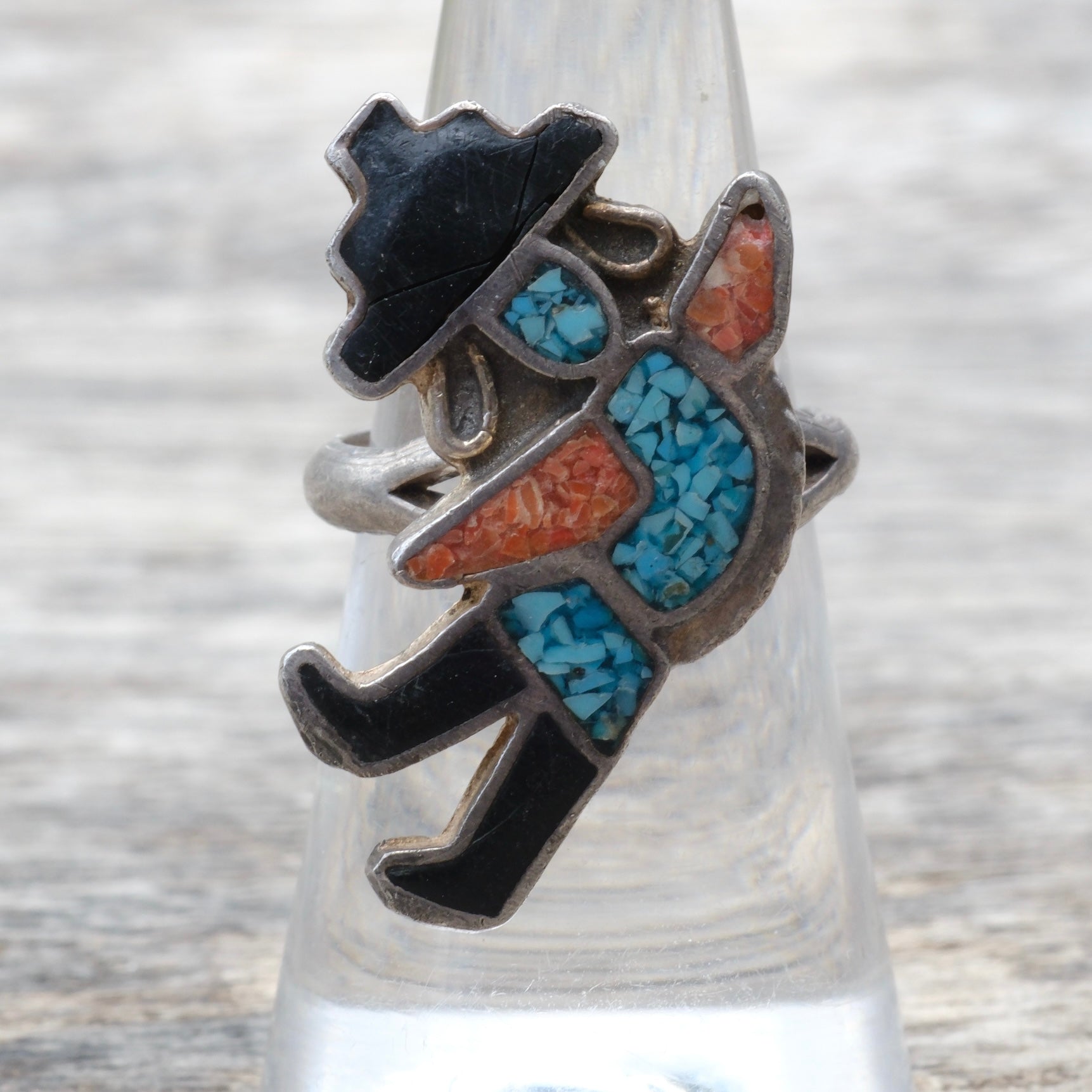 Vintage Sterling Turquoise and Coral Inlay Dancer Ring 7