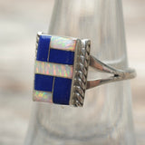 Vintage Sterling Opalite and Lapis Inlay Ring 7