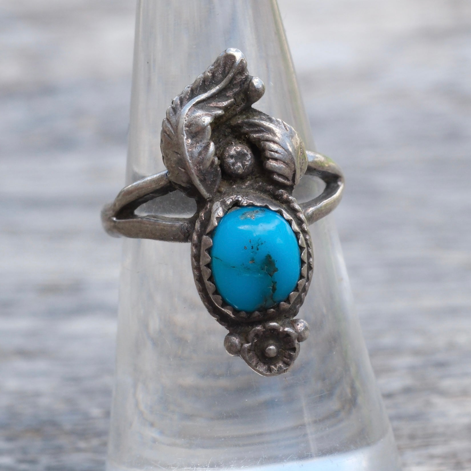 Vintage Sterling Turquoise Feather Ring 6.25
