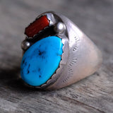Vintage Sterling Turquoise and Coral Ring 10.5