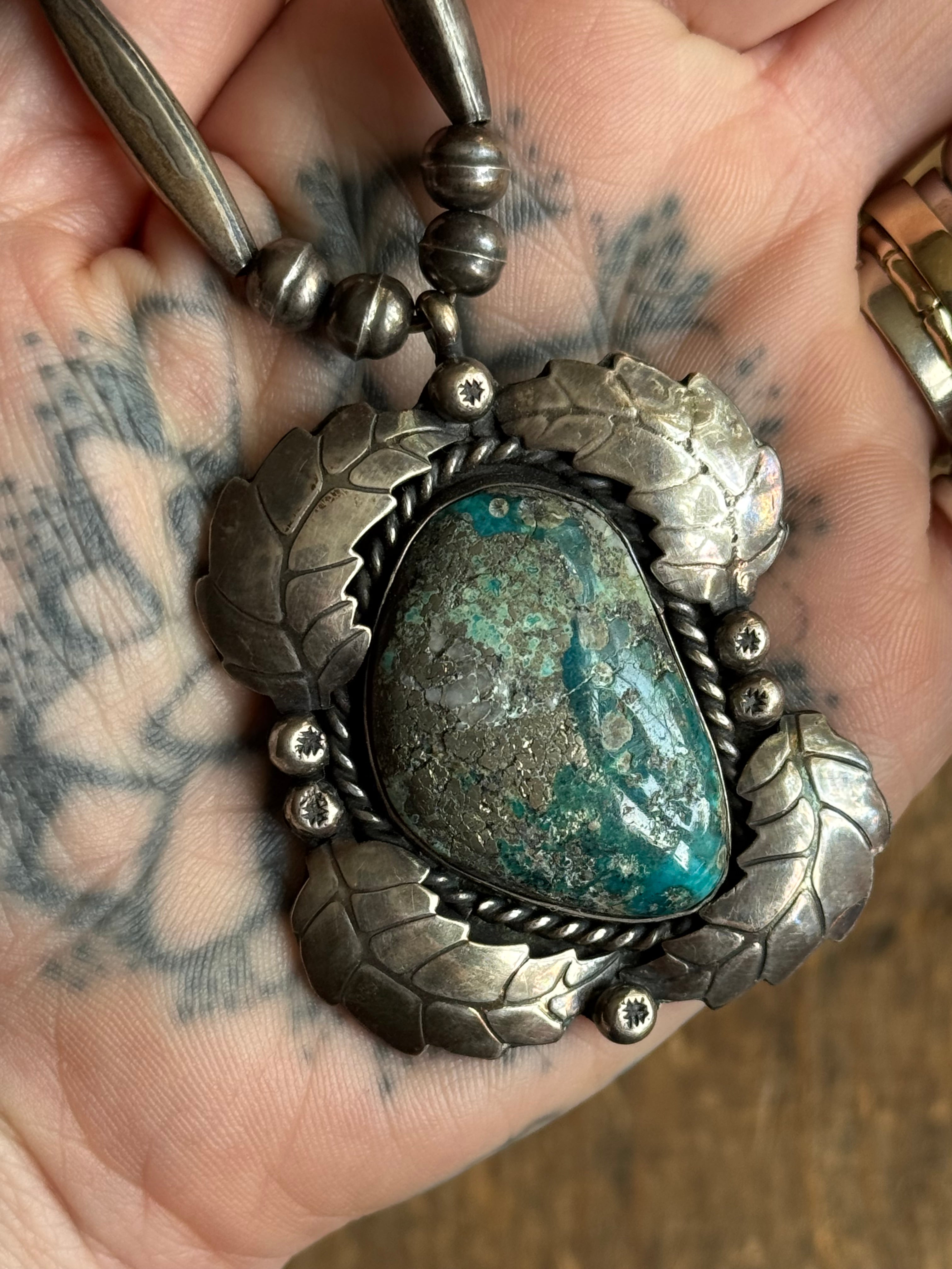 Vintage Turquoise Leaf Sterling Silver Pawn Bead Necklace