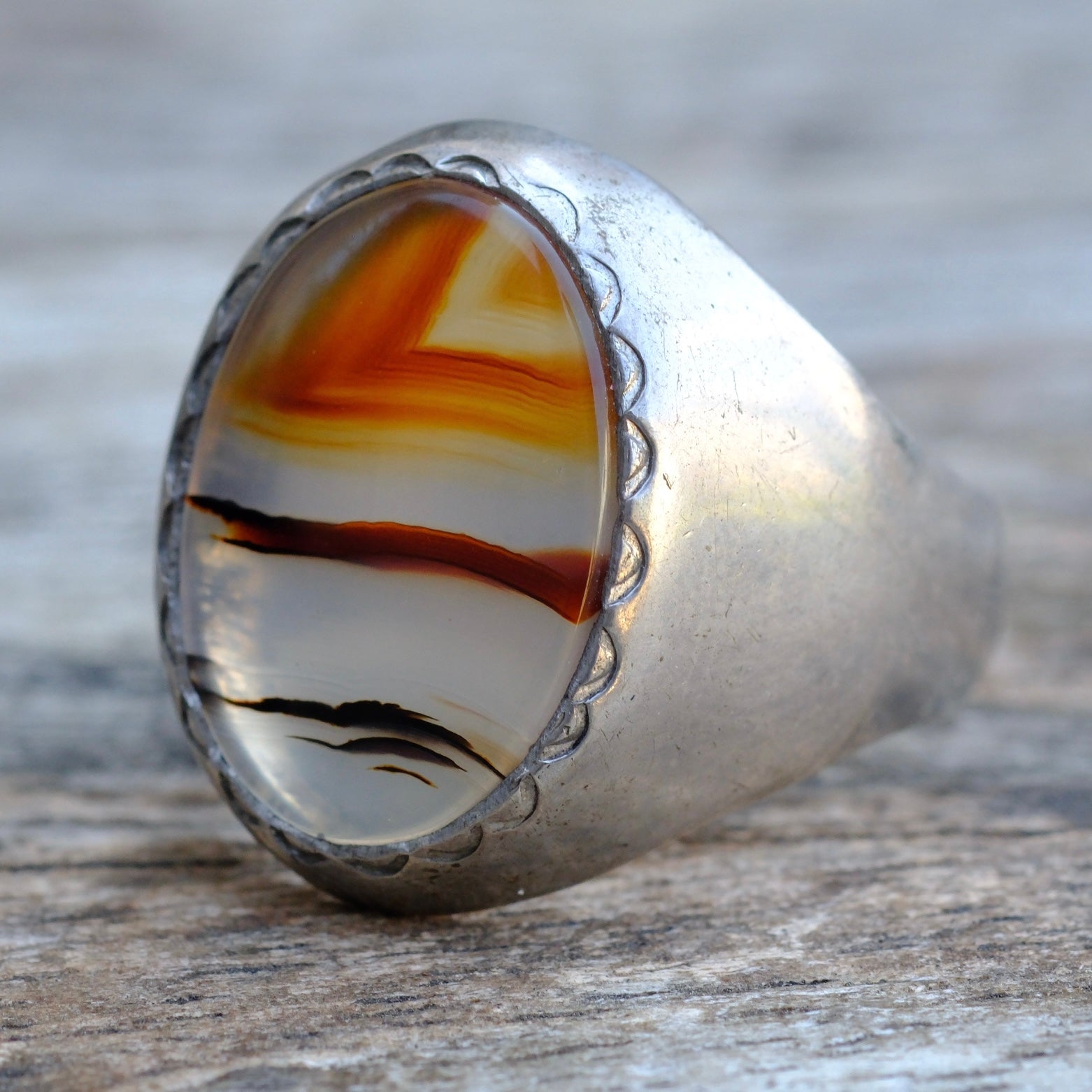 Vintage Sterling Agate Signet Ring 8
