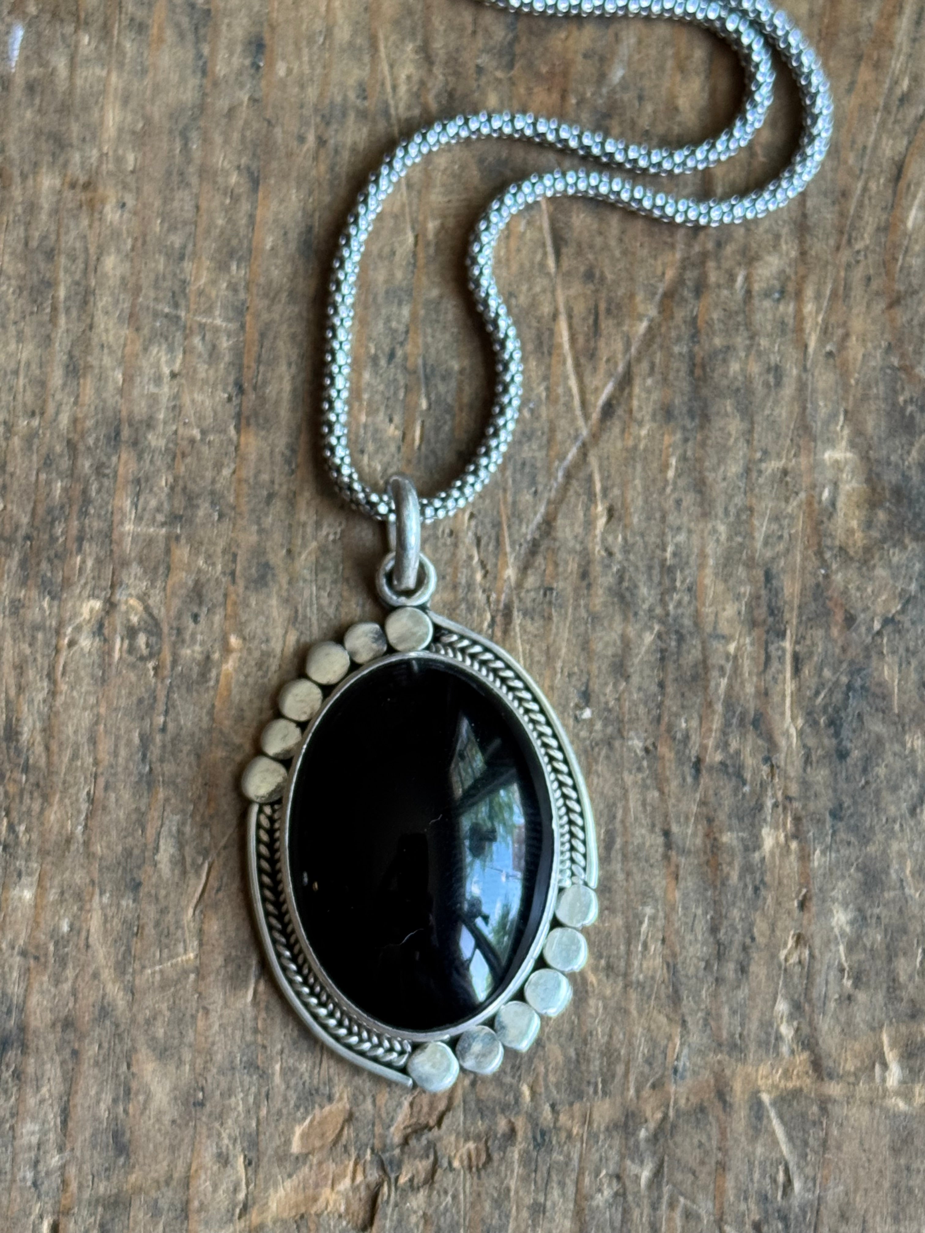Vintage Sterling Silver Onyx Tribal Pendant