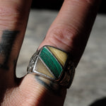 Vintage Sterling Malachite and Mother Of Pearl Inlay Ring 8