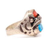 Vintage Sterling Turquoise and Coral Stamped Band Ring 9.5