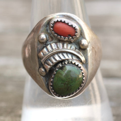 Vintage Sterling Turquoise and Coral Feather Ring 9.5