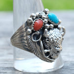 Vintage Sterling Turquoise and Coral Buffalo Ring 12.5