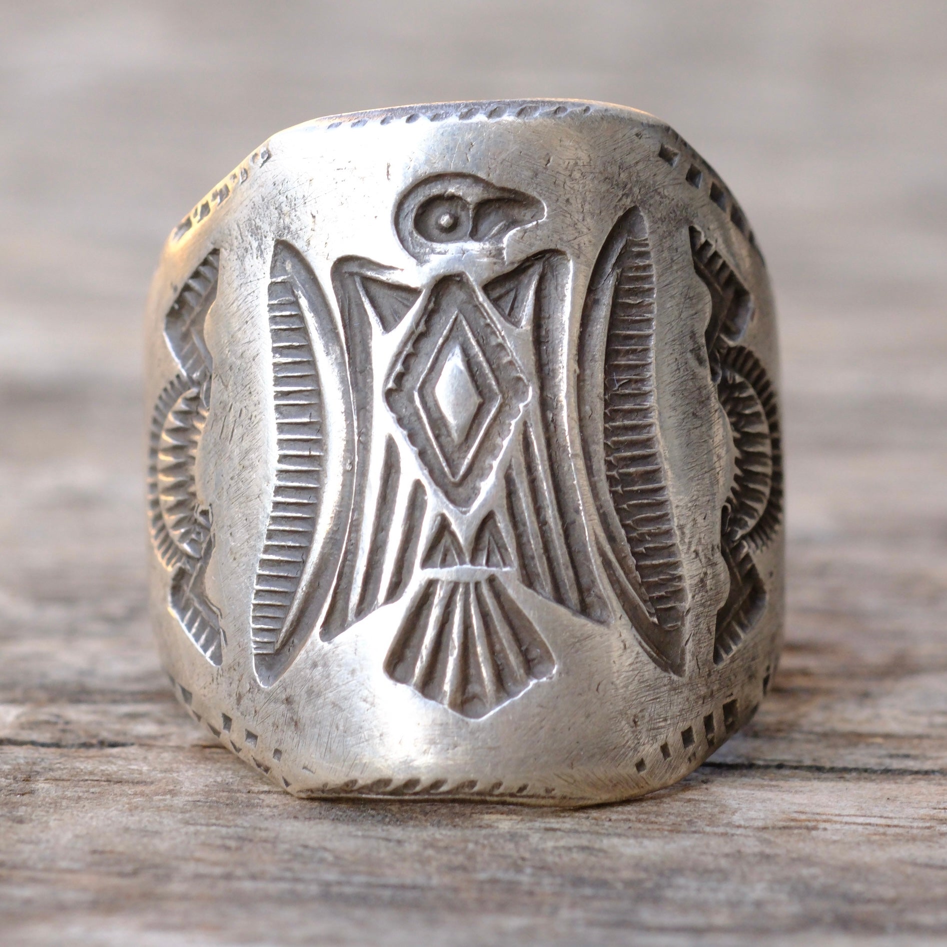 HEAVY Ingot Silver Stamped Thunderbird Cigar Band Ring 10.75