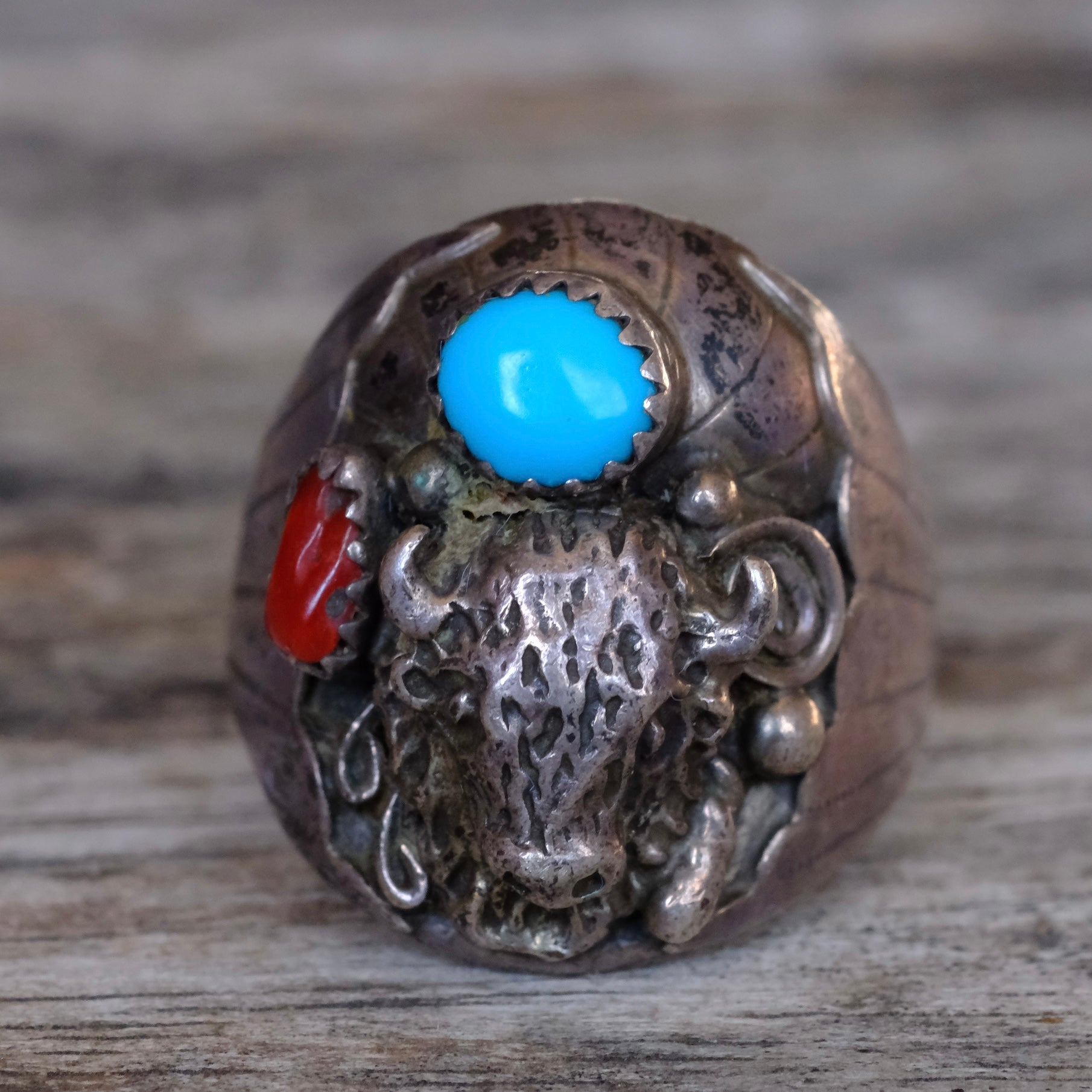 Vintage Sterling Turquoise and Coral Buffalo Ring 8.75
