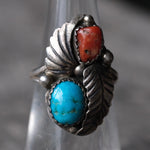 Vintage Sterling Turquoise and Coral Feather Ring 5.75