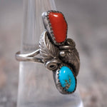 Vintage Sterling Turquoise and Coral Feather Ring 7