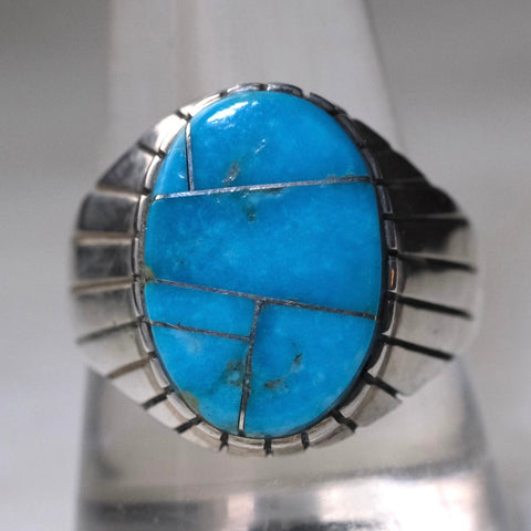 Vintage Sterling Turquoise Inlay Ribbed Band Ring 11.25