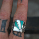 Vintage Sterling Turquoise and Mother Of Pearl Sunrise Ring 10.75