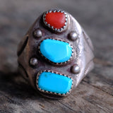 Vintage Sterling Turquoise and Coral Ring 10