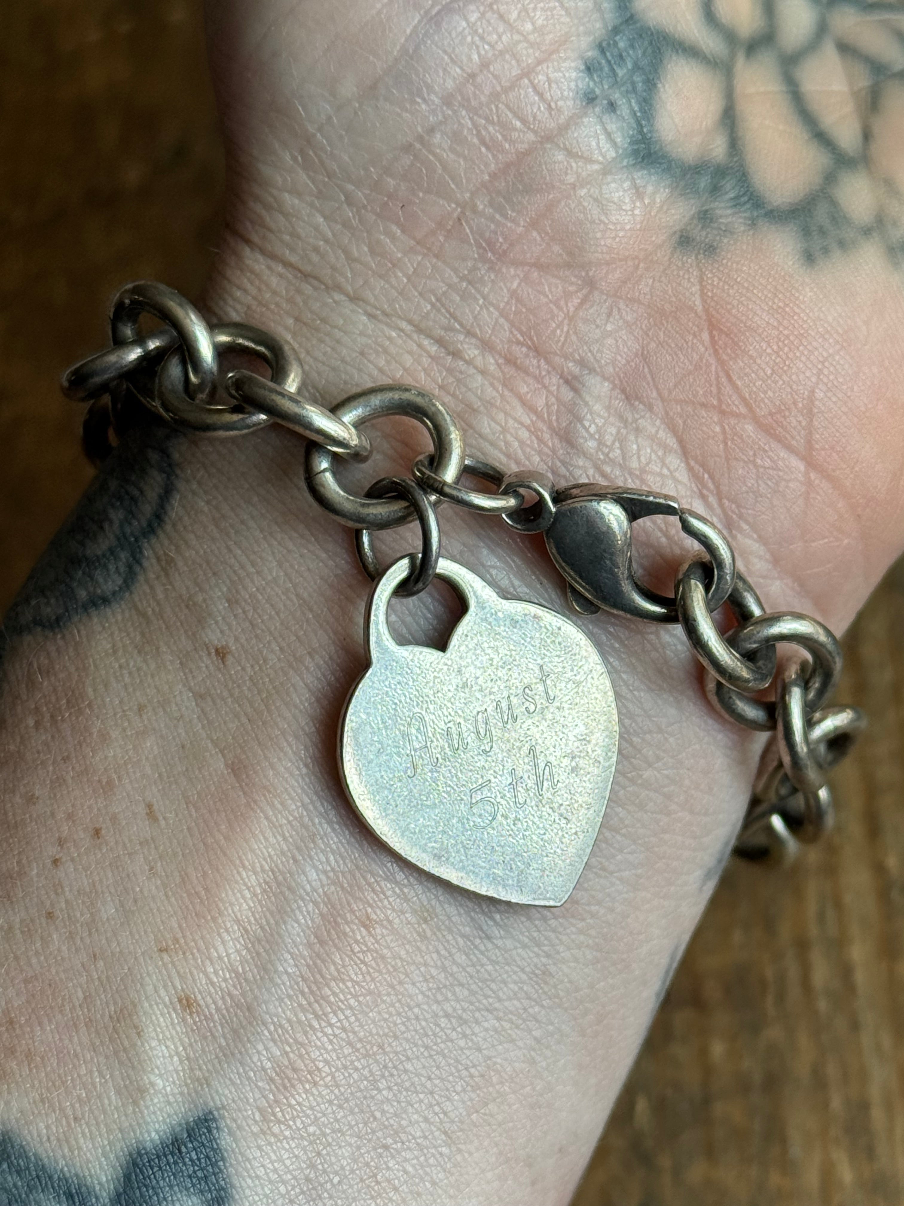 Vintage Sterling Silver 7.5” Heart Tag Cable Chain Bracelet