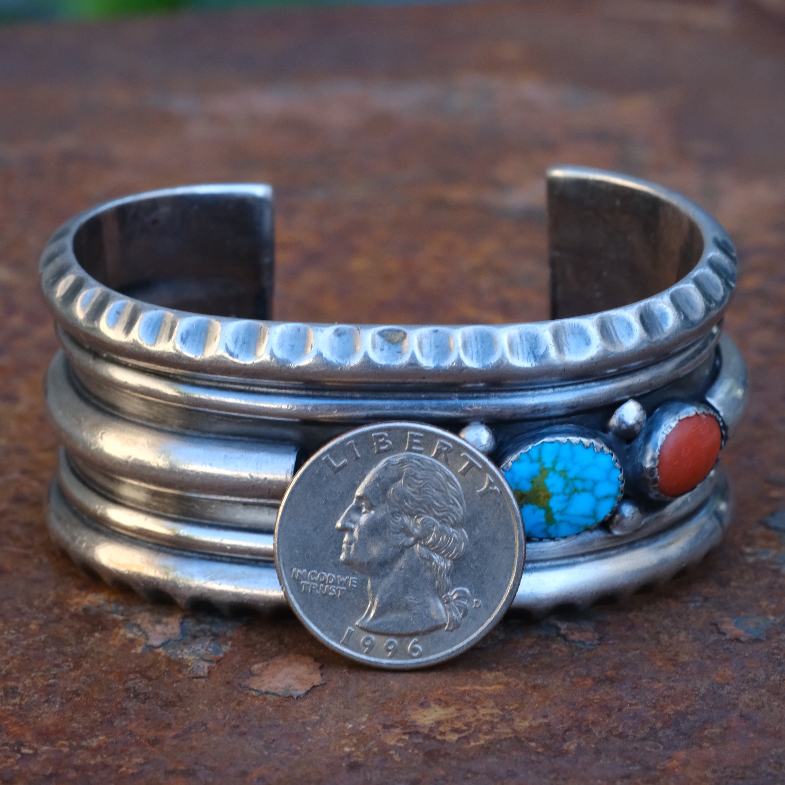 Vintage Sterling Turquoise and Coral Cuff Bracelet