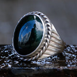 Vintage Sterling Green Jasper Ribbed Band Ring 11.5