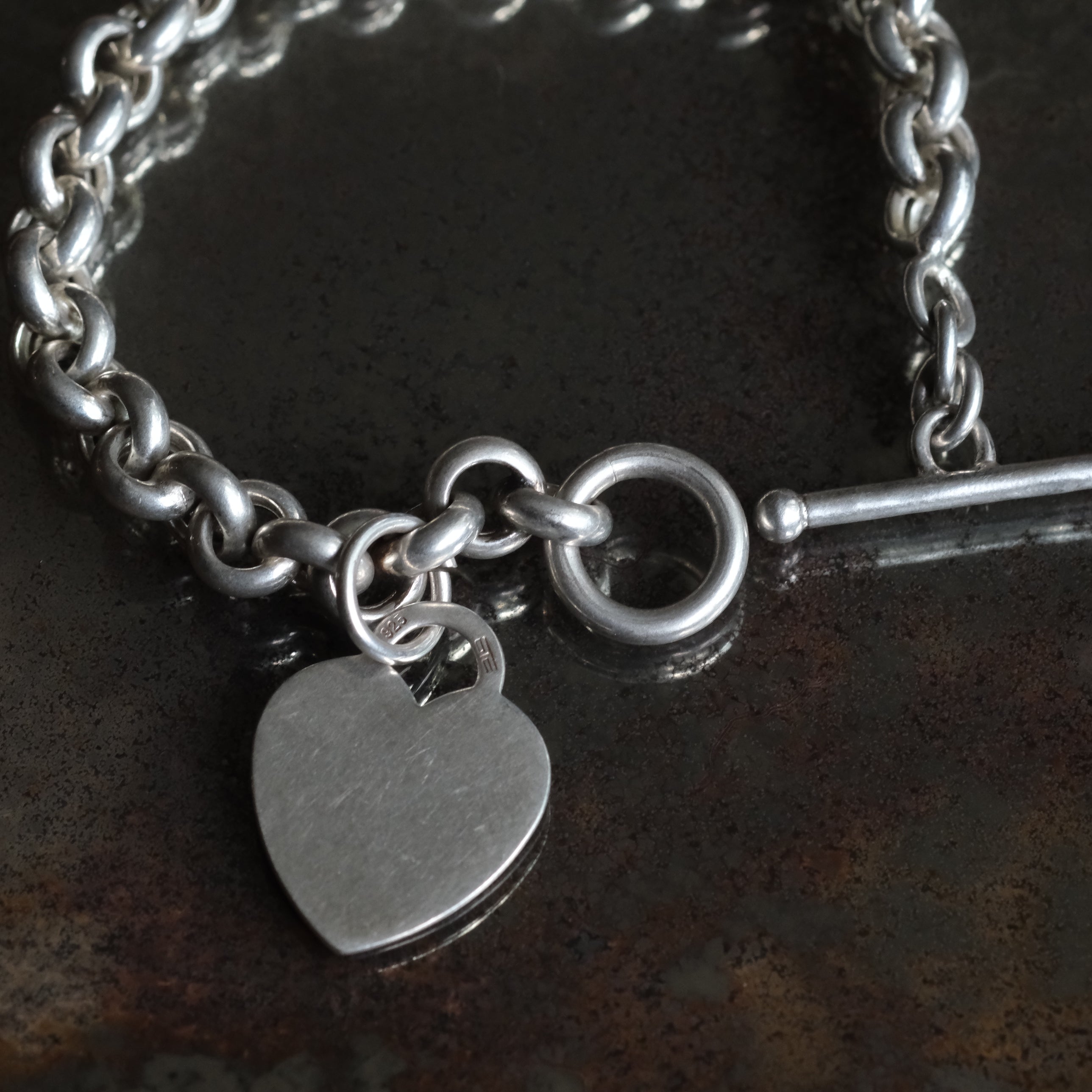 Vintage Sterling Rolo Link Heart ID Bracelet 7.5"