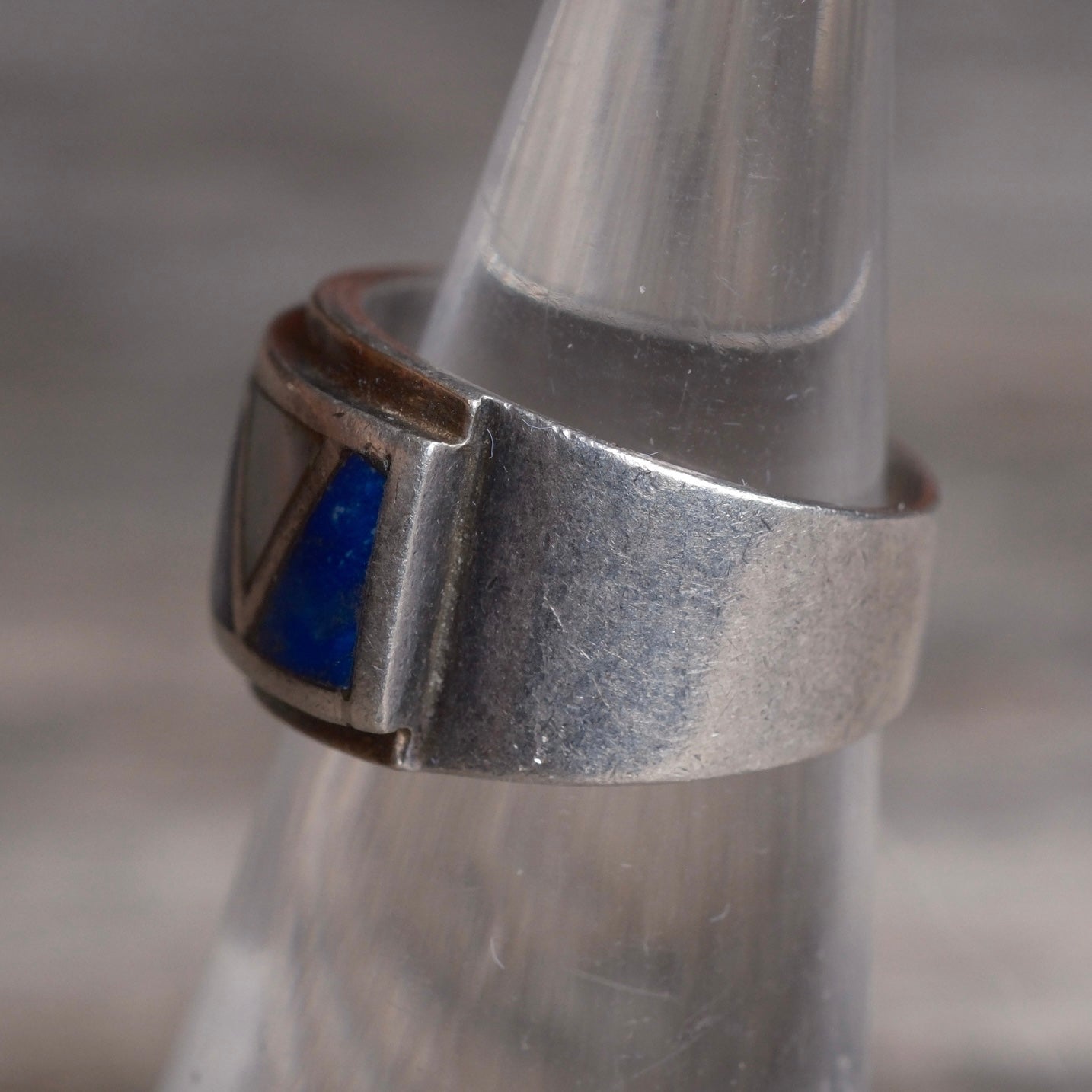 Vintage Sterling Lapis and Mother Of Pearl Inlay Ring 5.75