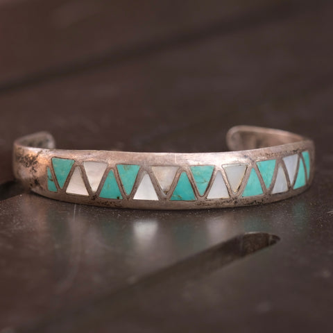 Vintage Sterling Turquoise and Mother Of Pearl Inlay Cuff