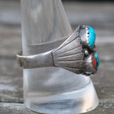 Vintage Sterling Turquoise and Coral Ribbed Band Ring 10.5