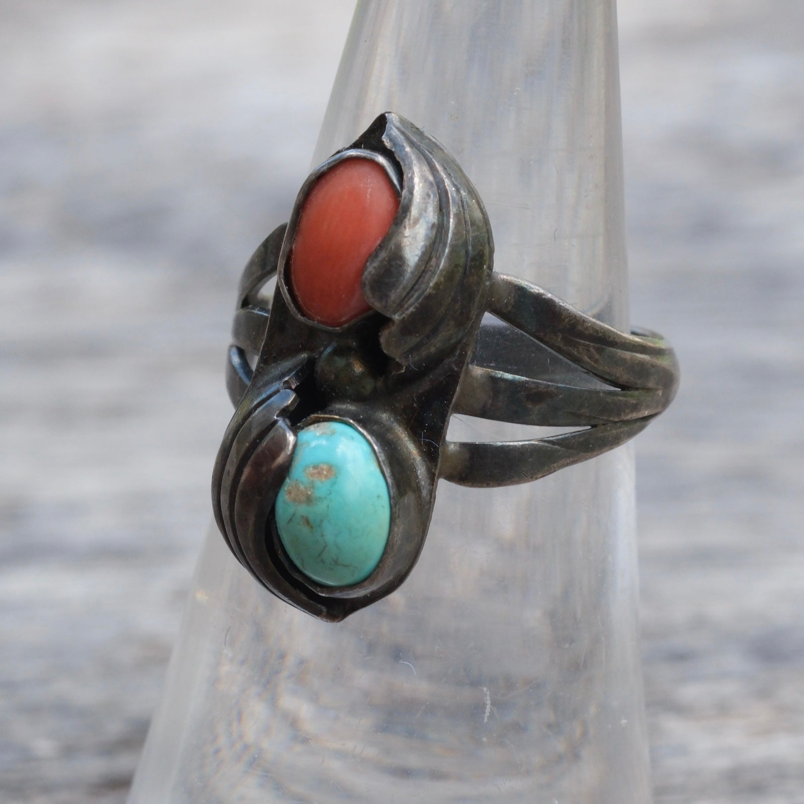 Vintage Sterling Turquoise and Coral Feather Ring 6