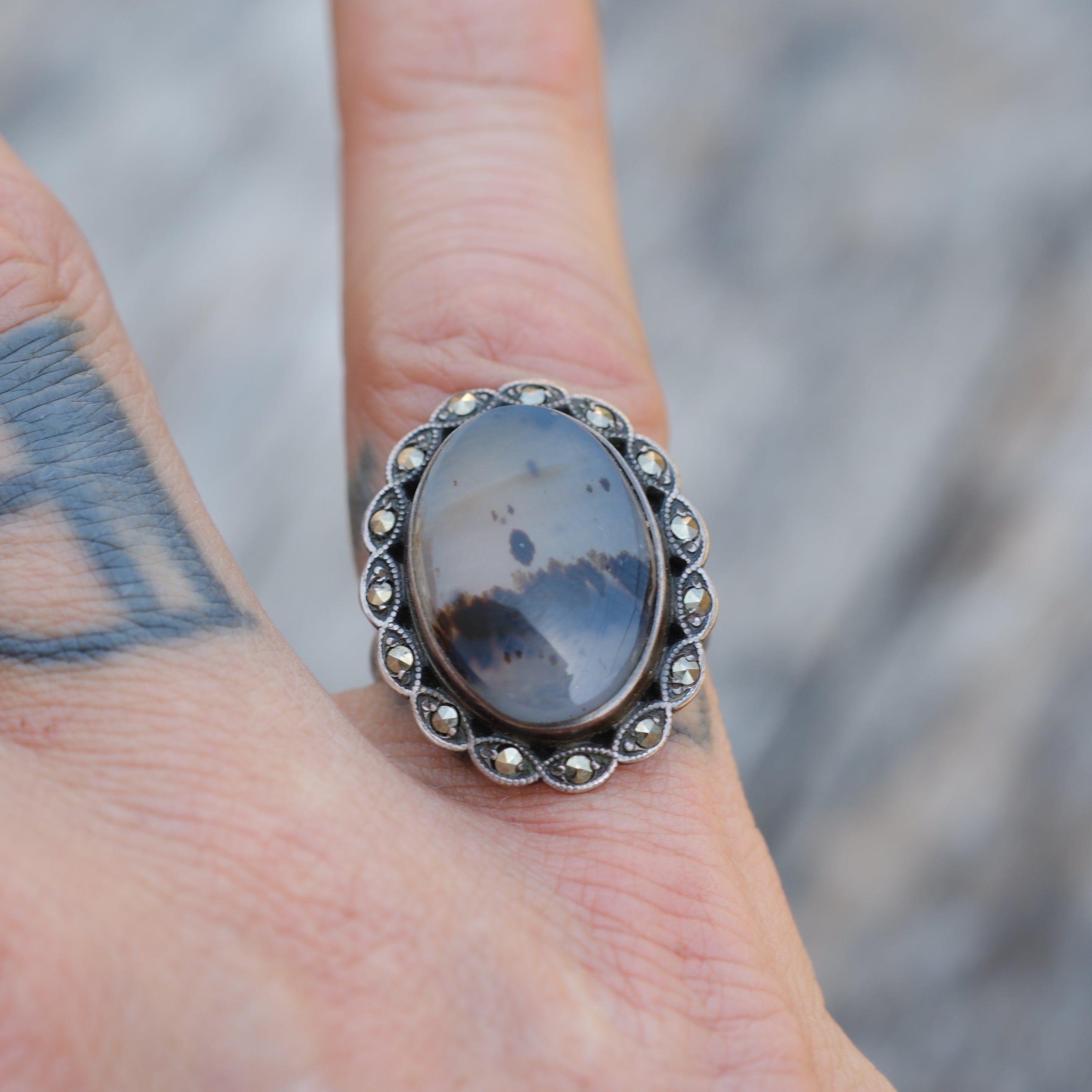 Vintage Sterling Agate Marcasite Ring 4.25
