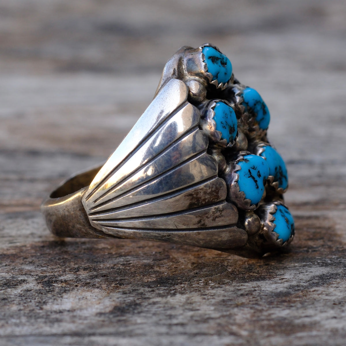 VintageSterling Turquoise Cluster Ribbed Band Ring 11