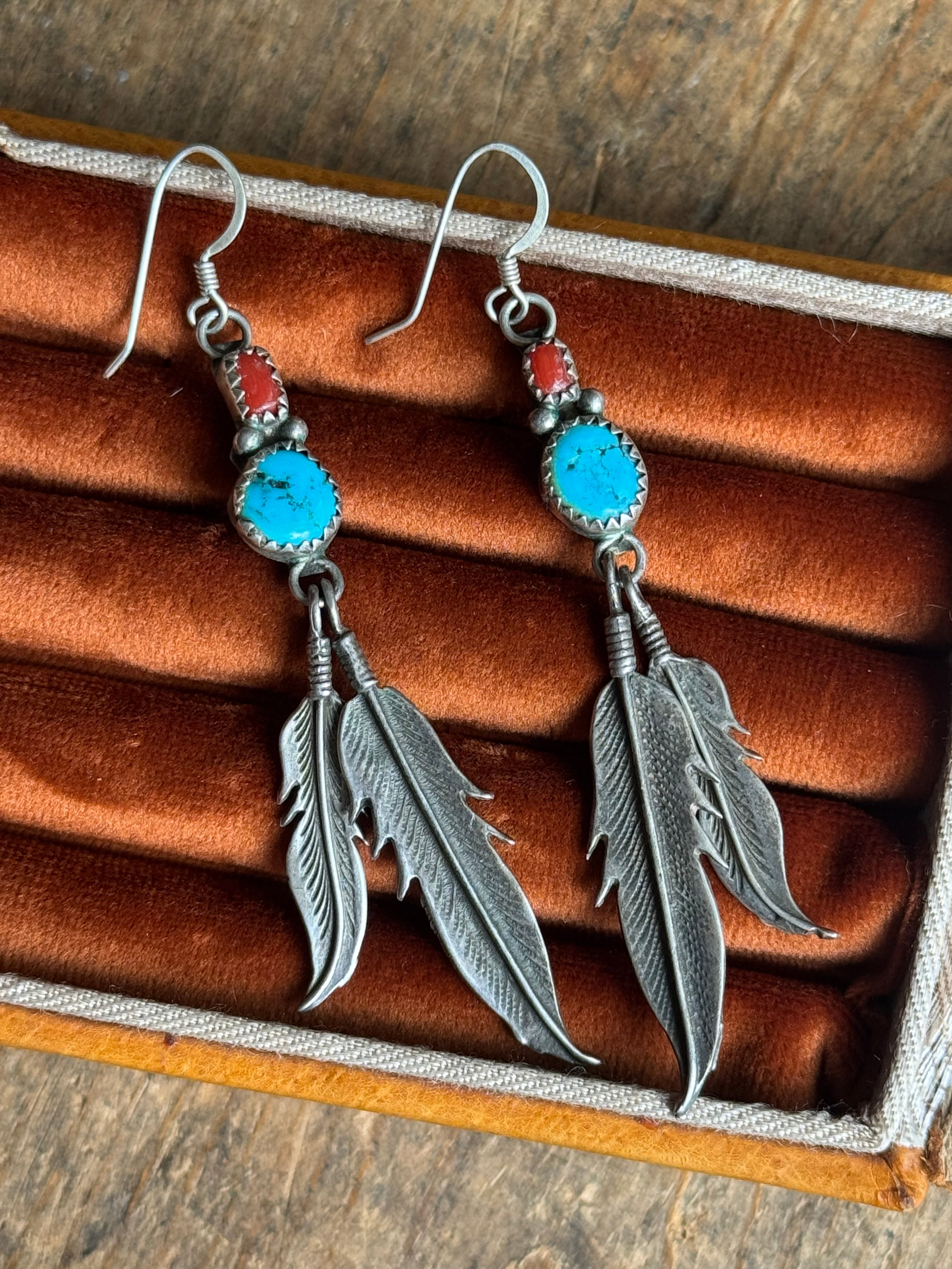 Vintage Sterling Silver Turquoise & Coral Feather Earrings