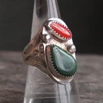 Vintage Sterling Turquoise and Coral Stamped Band Ring 8.25