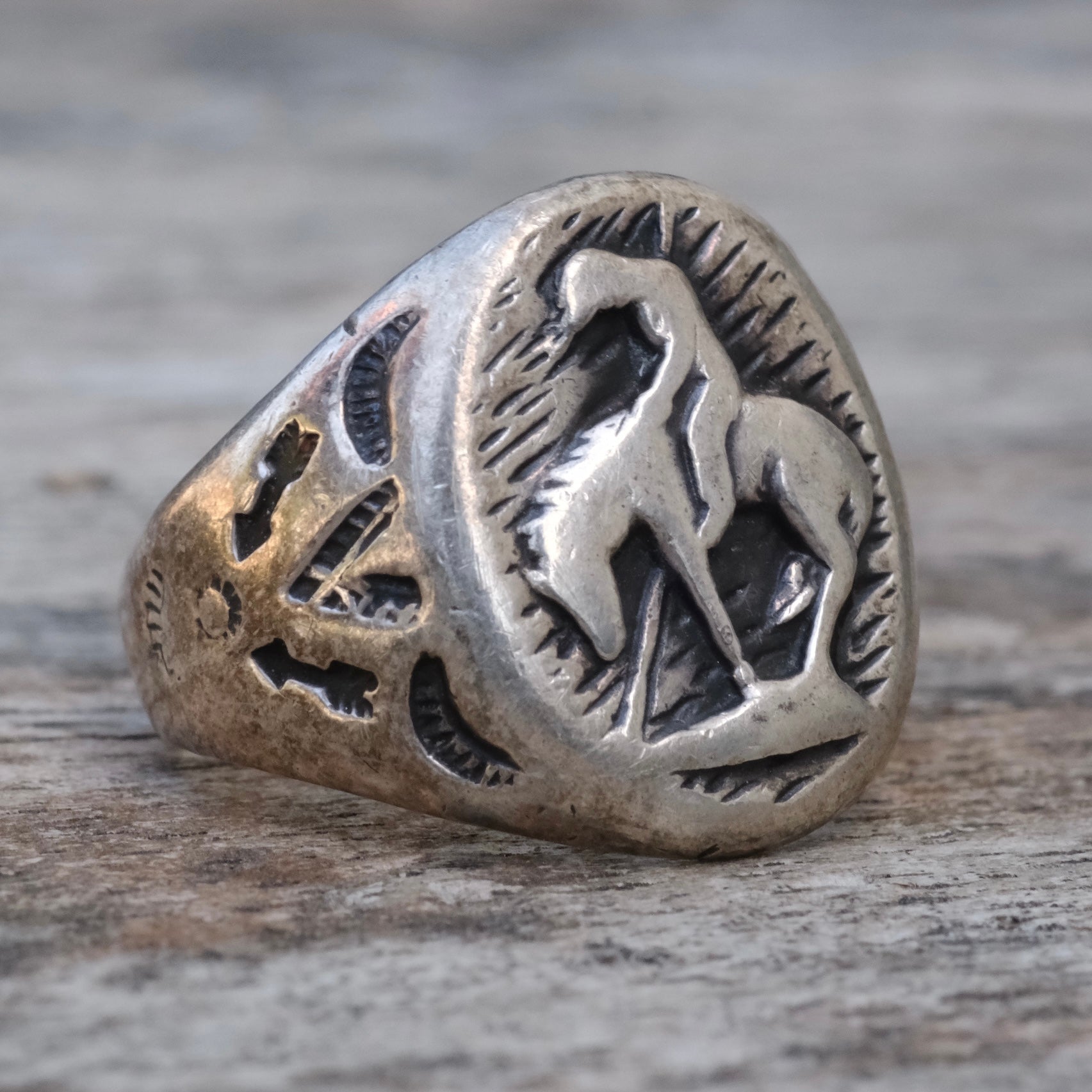 RARE Vintage Sterling Bells Trading Post End of Trail Signet Ring 8.25