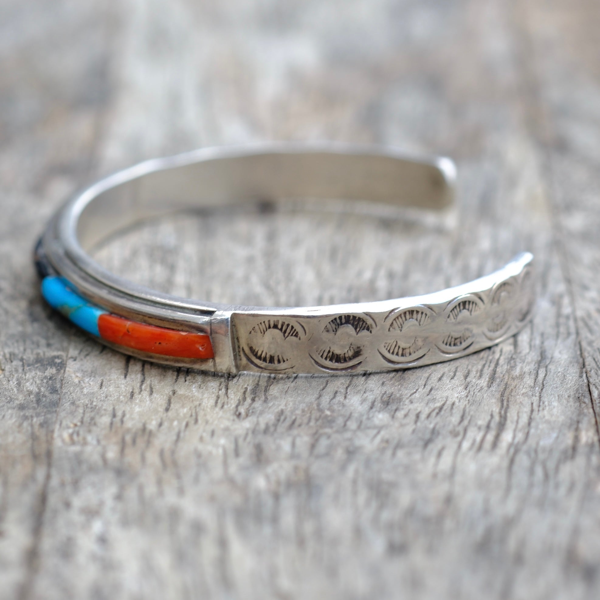 Vintage Sterling Multistone Inlay Cuff Bracelet