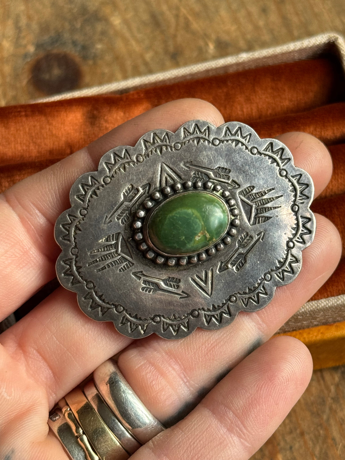 Vintage Sterling Silver Turquoise Stamped Concho Pin
