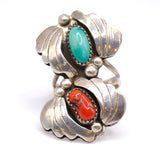 Vintage Sterling Turquoise and Coral Feather Ring 6.25
