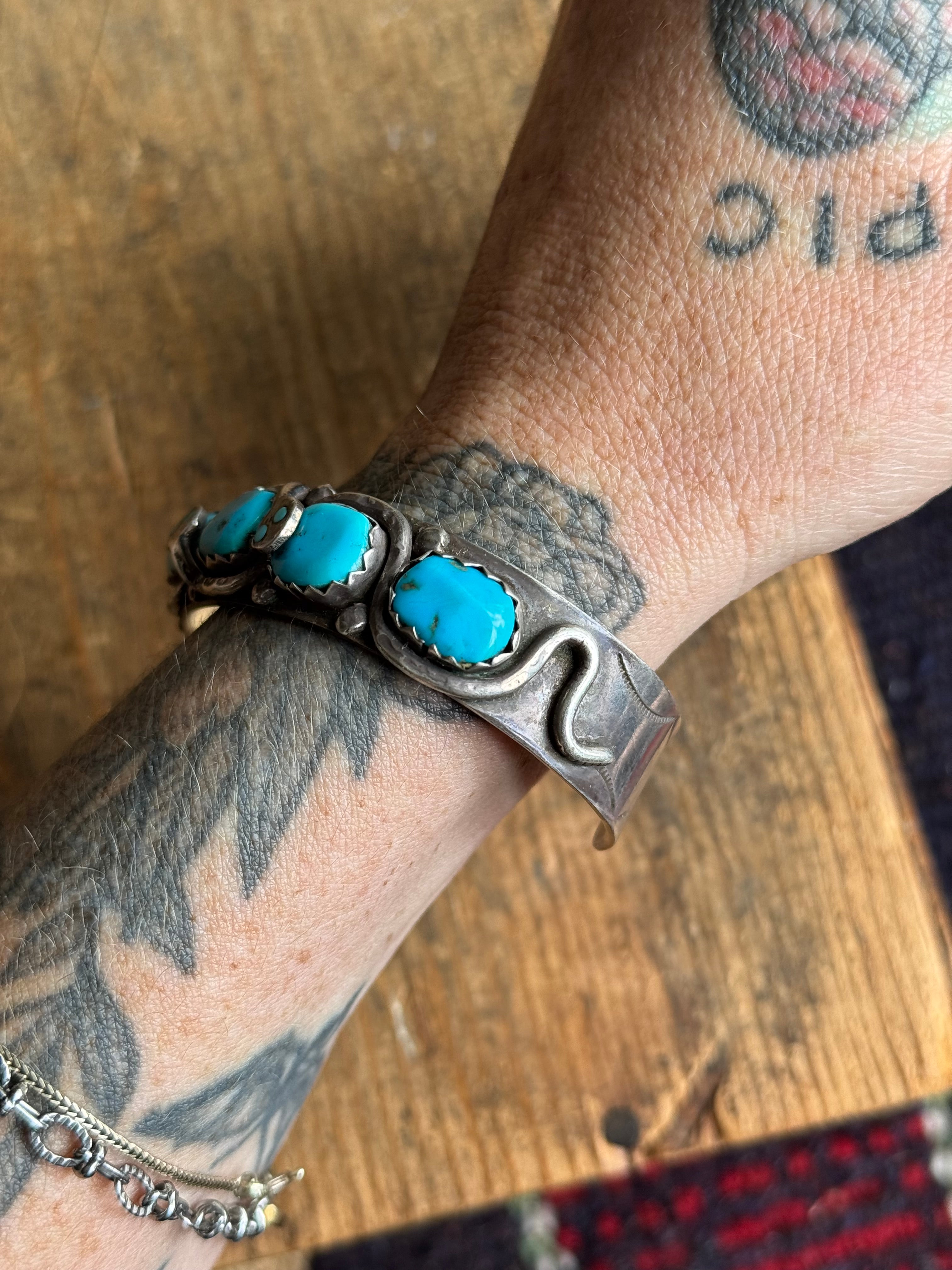 Vintage Sterling Silver Zuni Effie C Turquoise Snake Cuff