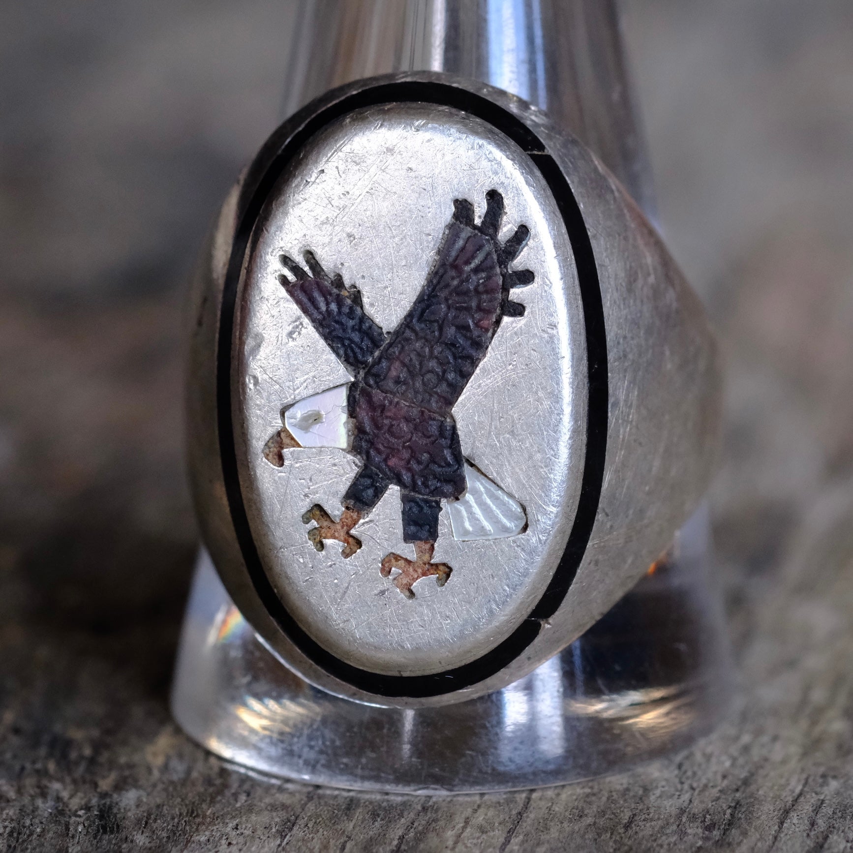 Vintage Sterling Eagle Inlay Ring 12.5