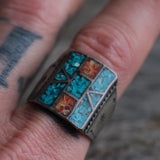 Vintage Sterling Crushed Turquoise and Coral Inlay Ring 11