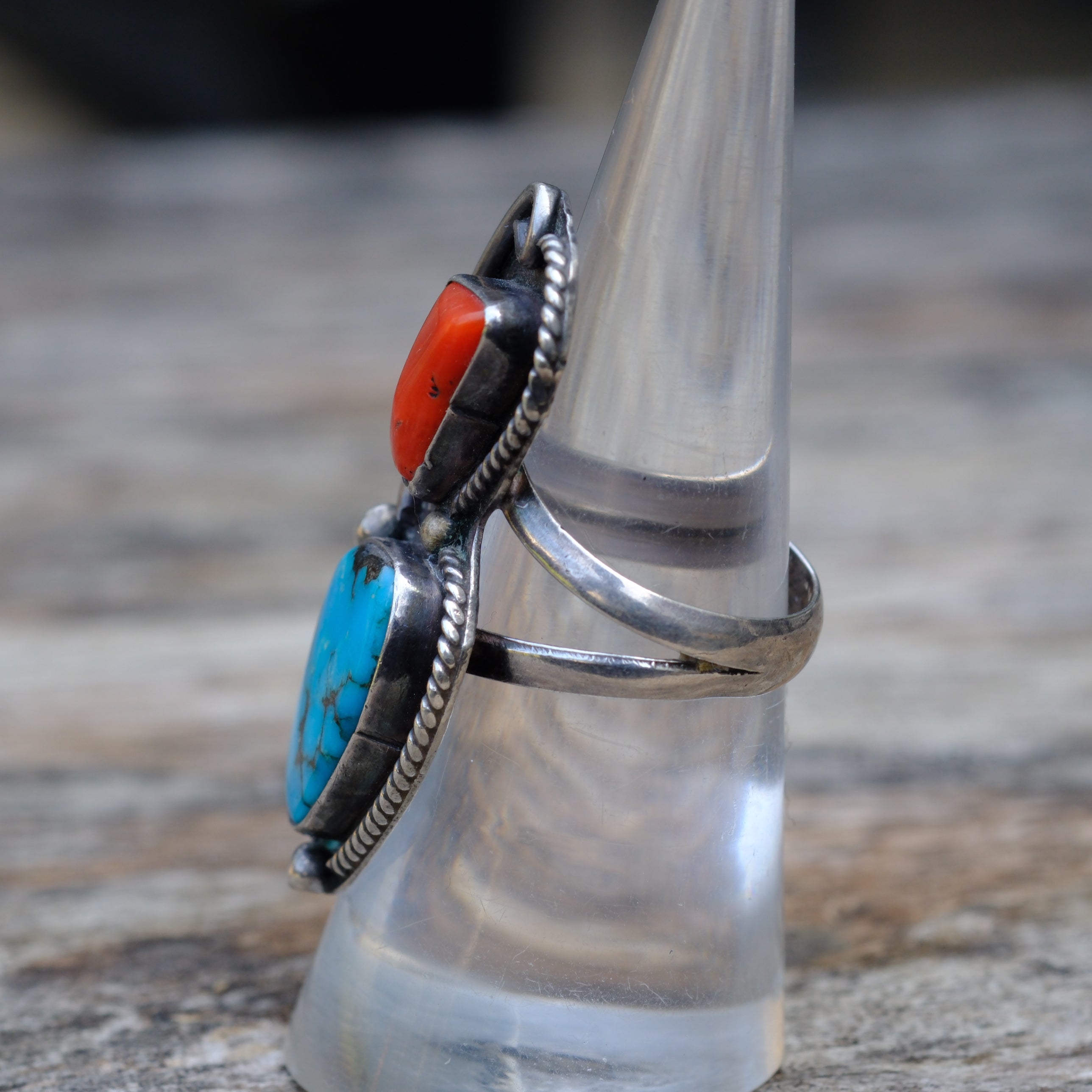 Vintage Sterling Turquoise and Coral Ring 6.75