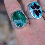 Vintage Sterling Malachite Ribbed Band Ring 11