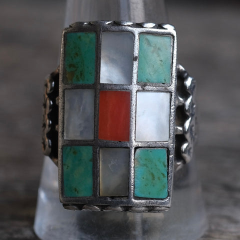 Vintage Sterling Checkered Inlay Ring 11