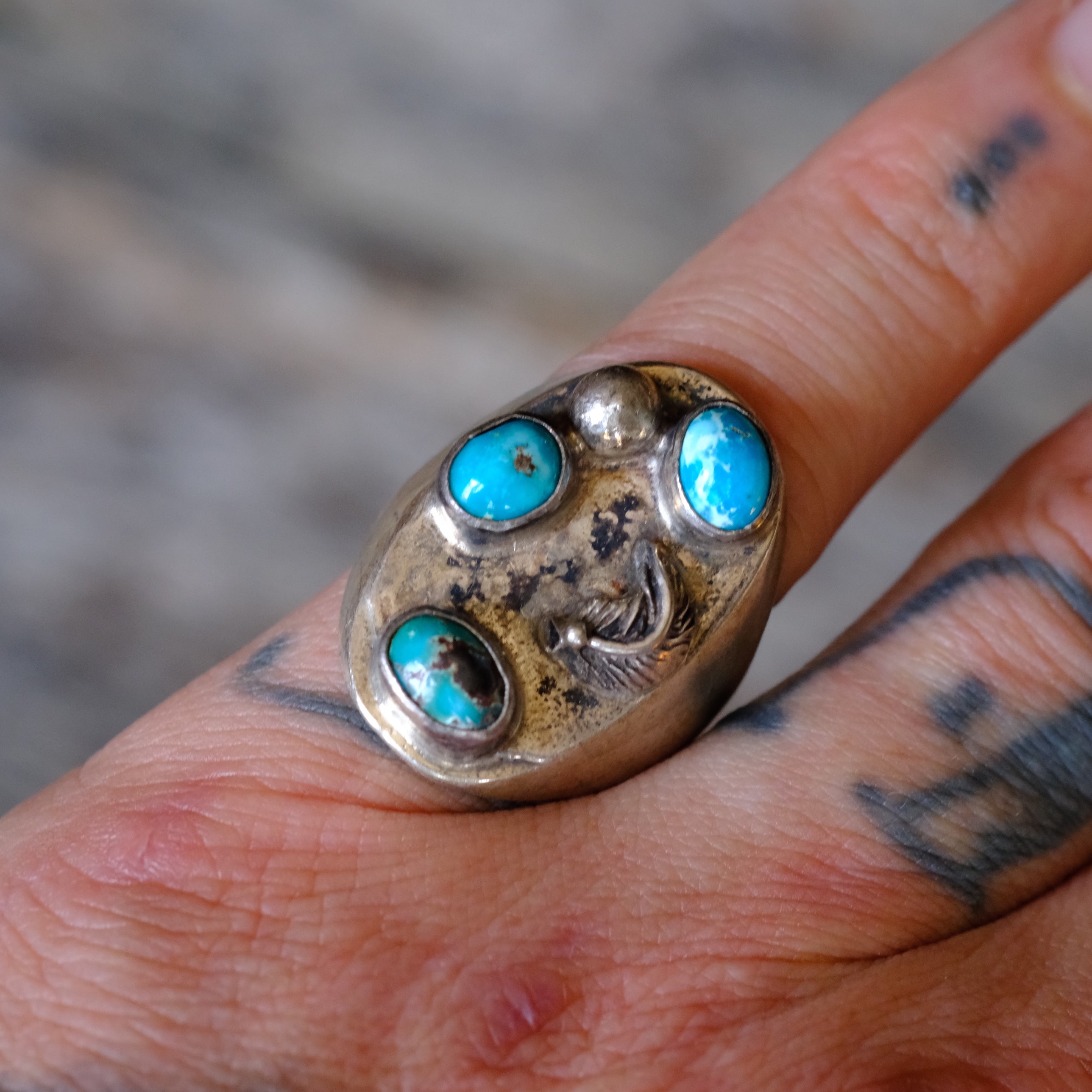Vintage Sterling 3-Stone Turquoise Feather Ring 8