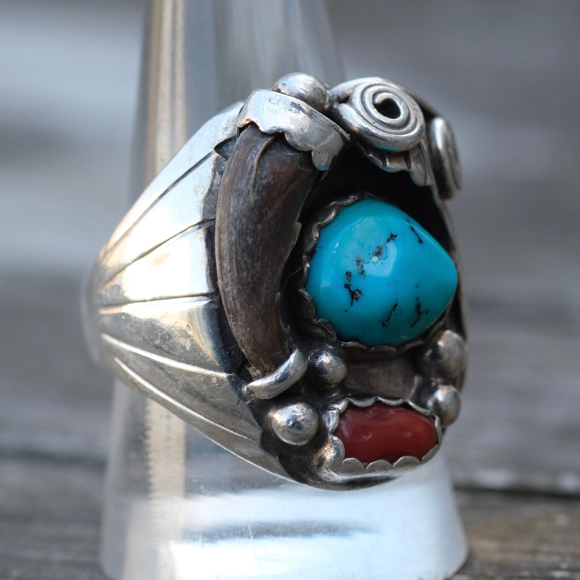Vintage Sterling Turquoise and Coral Claw Ring 10.5