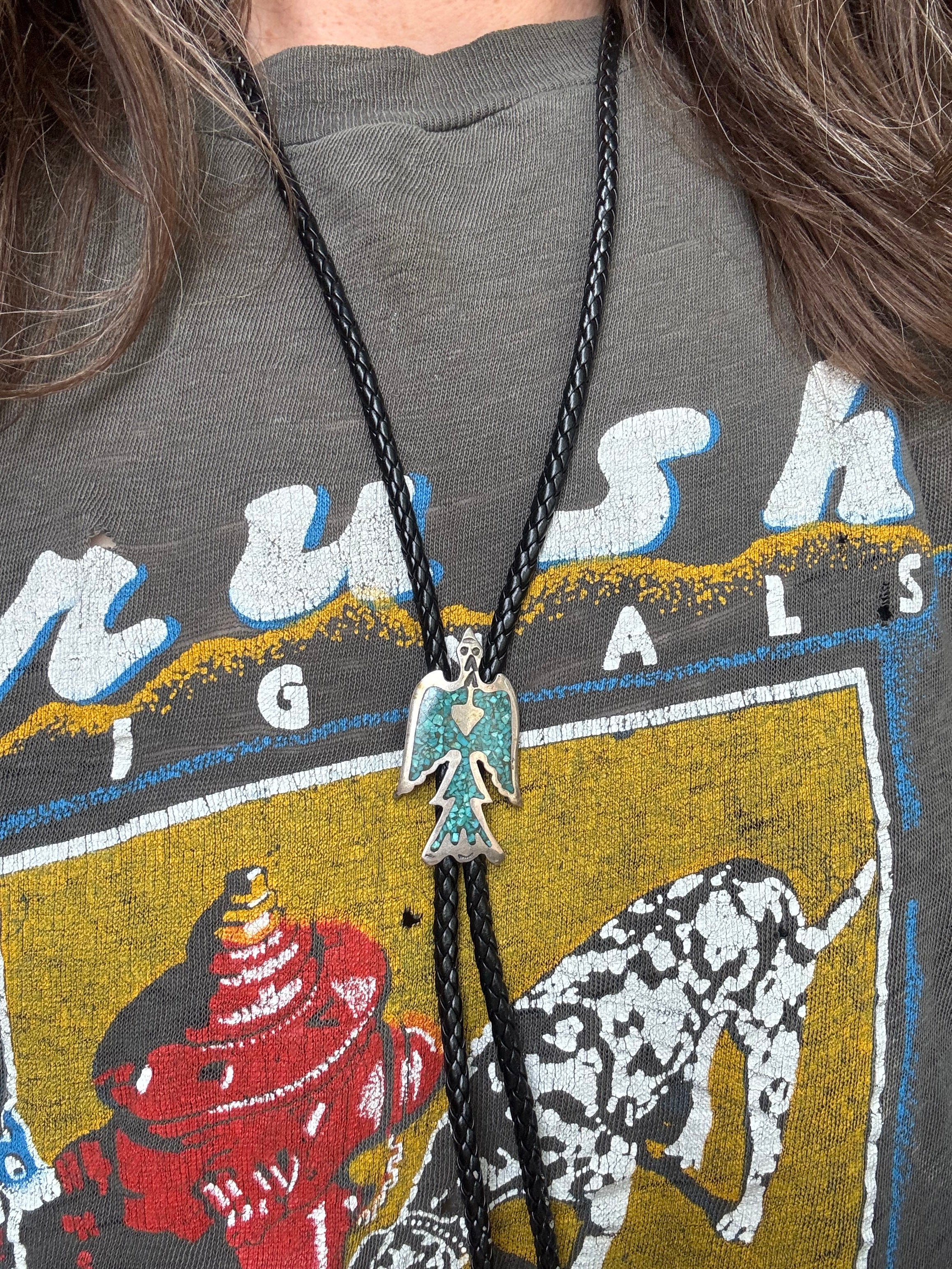 Vintage Sterling Silver Turquoise Inlay Eagle Bolo