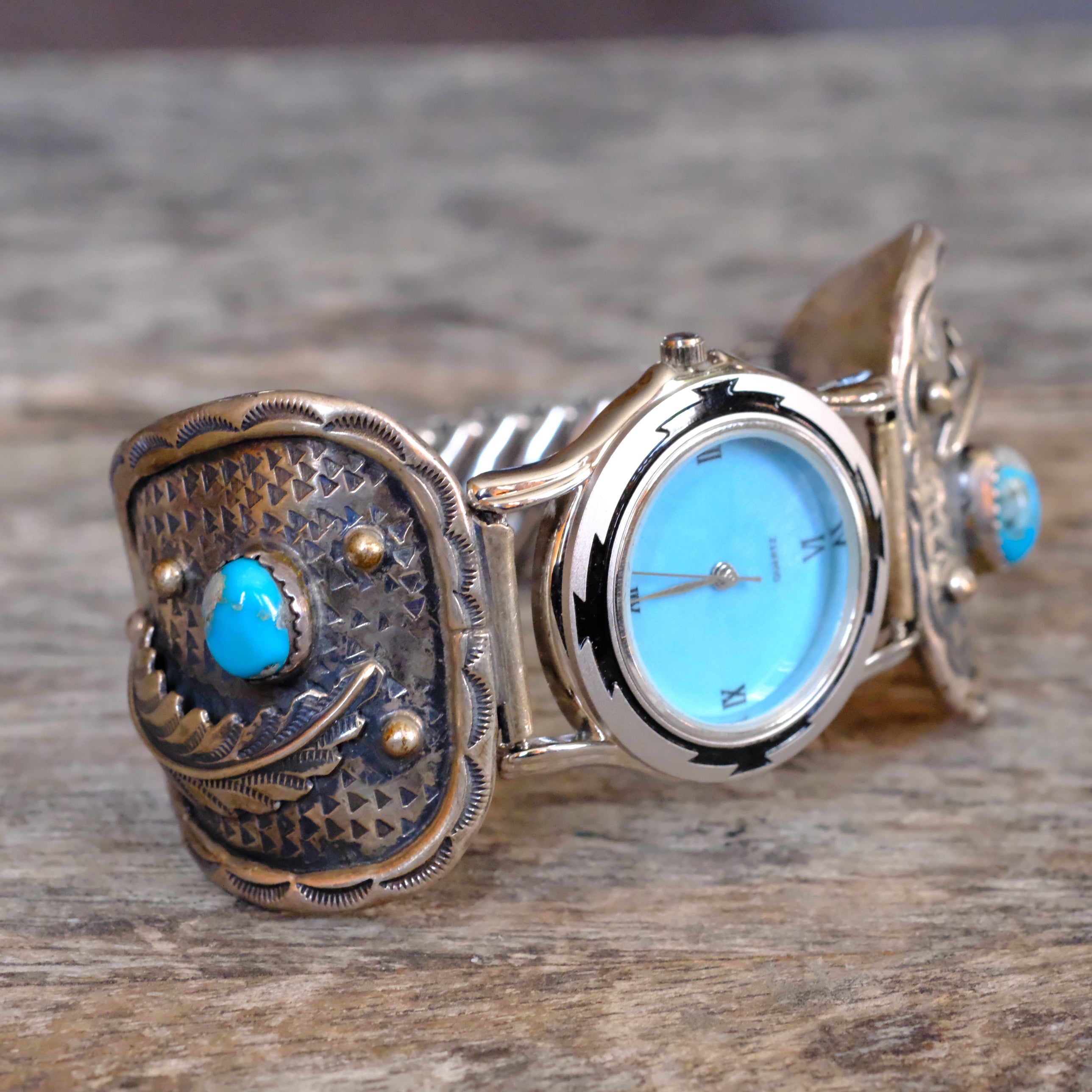 Vintage Sterling Turquoise Feather Watch With Turquoise Dial