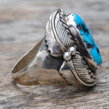 Vintage Sterling Turquoise Feather Ring 9.75