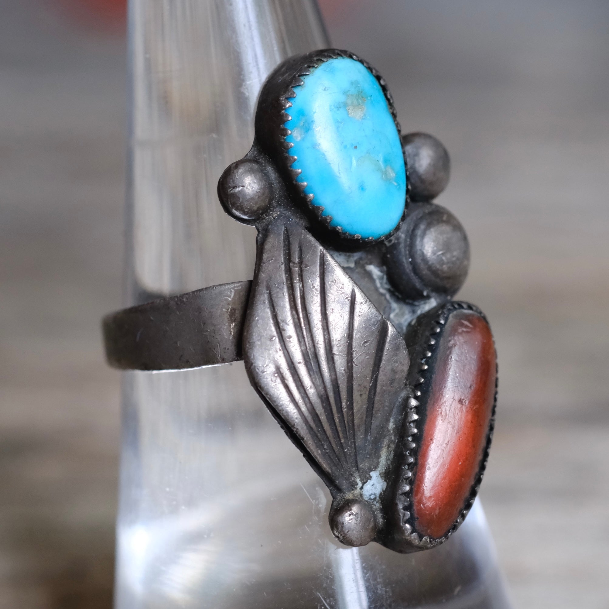 Vintage Sterling Turquoise and Coral Feather Ring 7.5