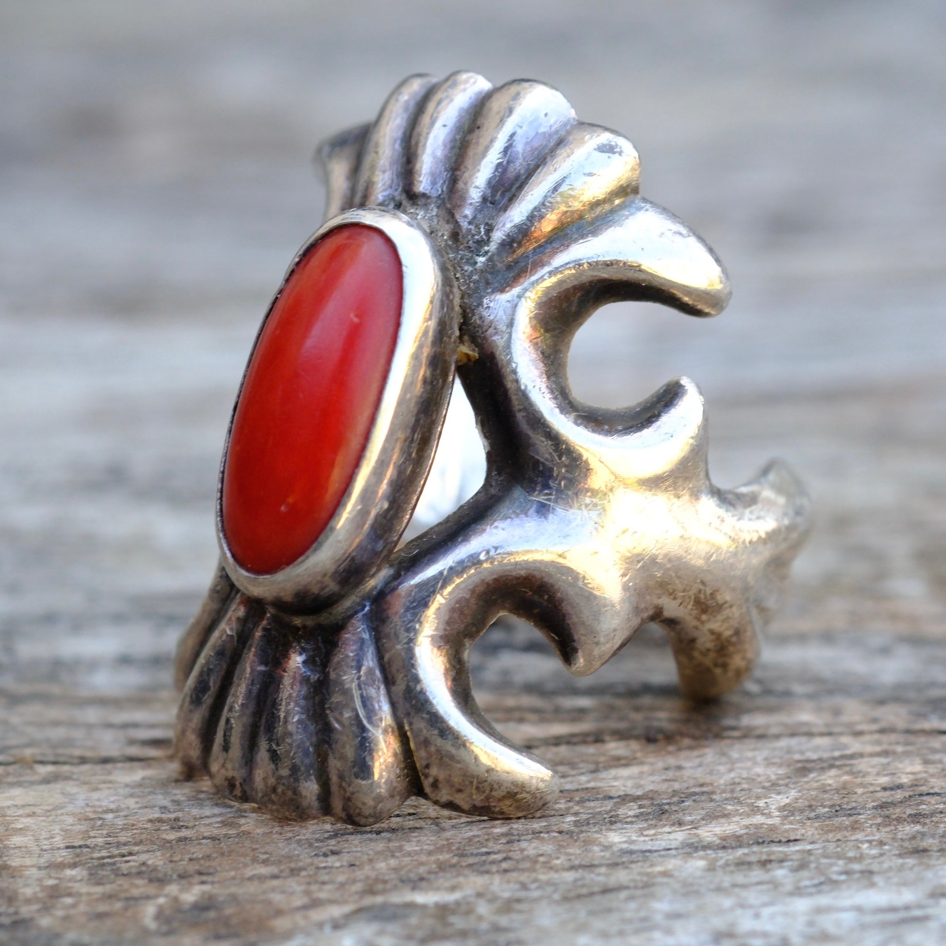 Vintage Sterling Coral Sandcast Ring 5