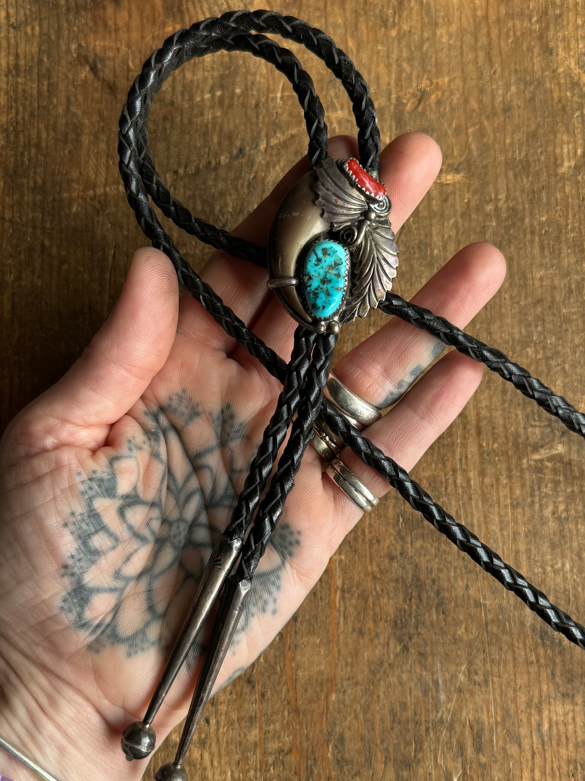 Vintage Sterling Silver Turquoise & Coral Bear Claw Bolo
