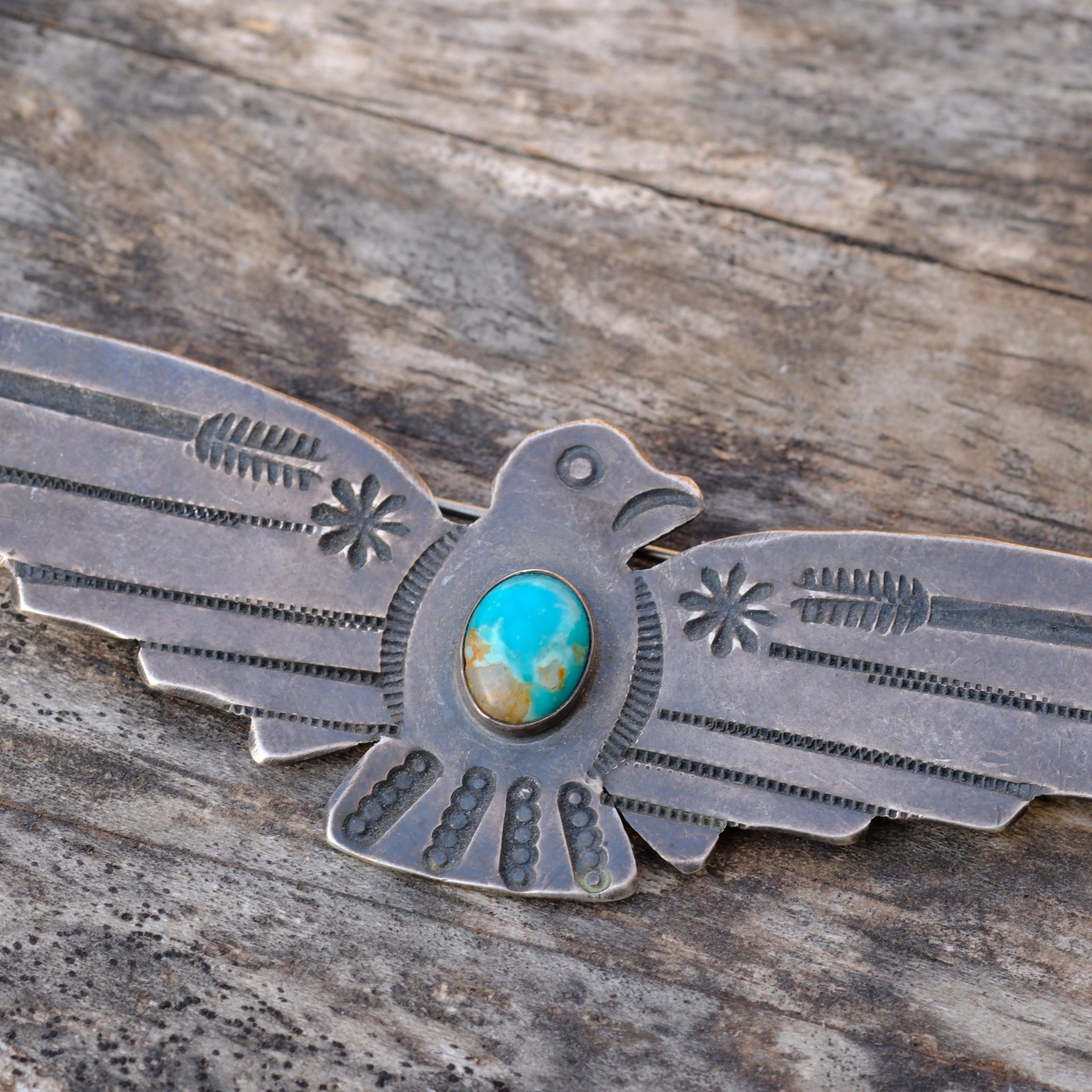 HUGE Vintage Sterling Turquoise Thunderbird Pin