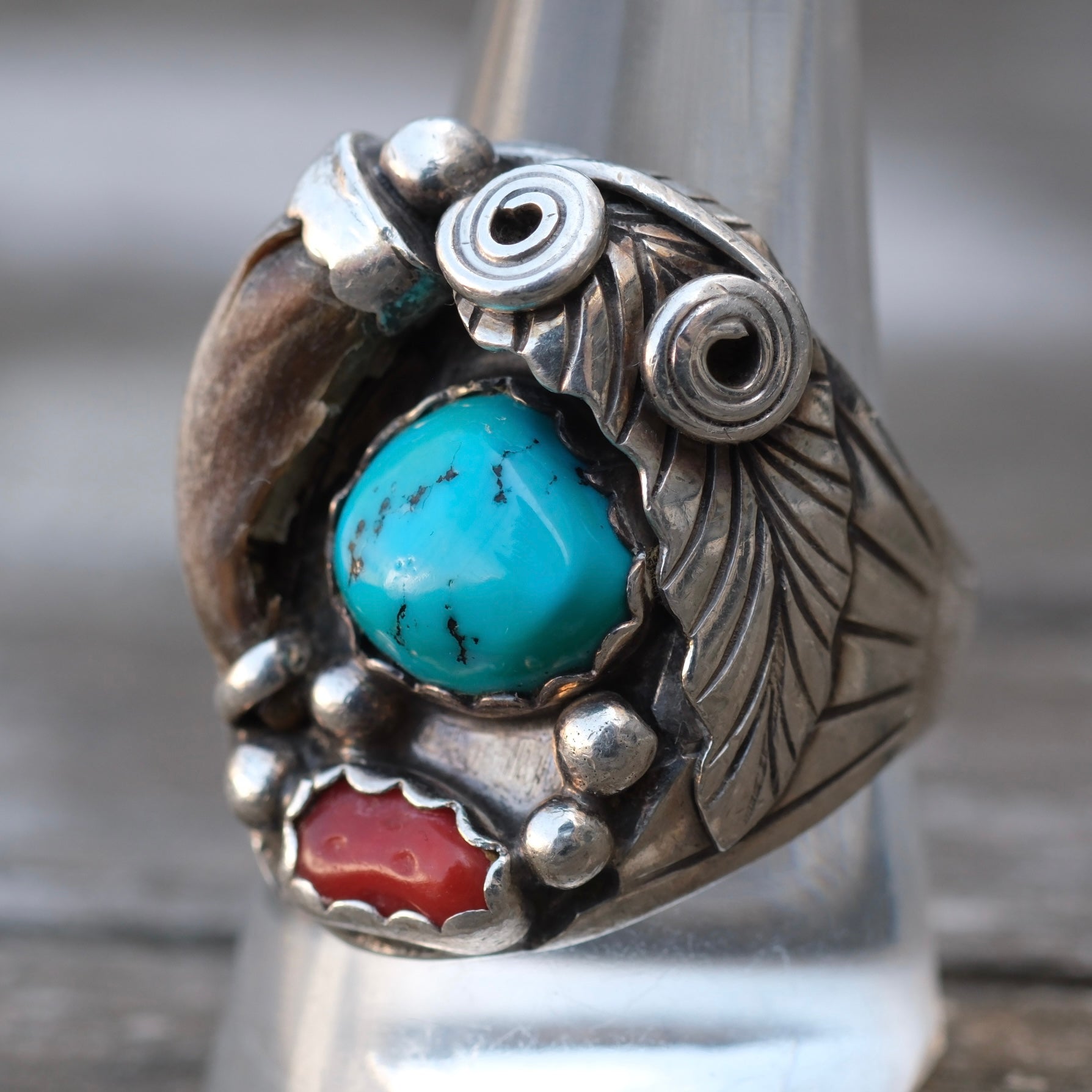Vintage Sterling Turquoise and Coral Claw Ring 10.5